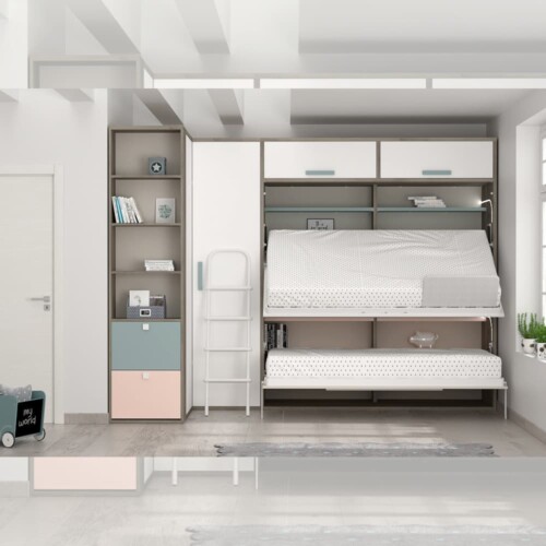 Dormitorio con juvenil con litera abatible para habitaciones con poco espacio