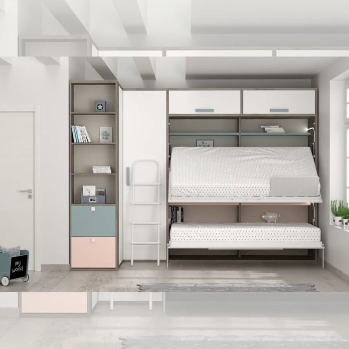 Dormitorio con juvenil con litera abatible para habitaciones con poco espacio